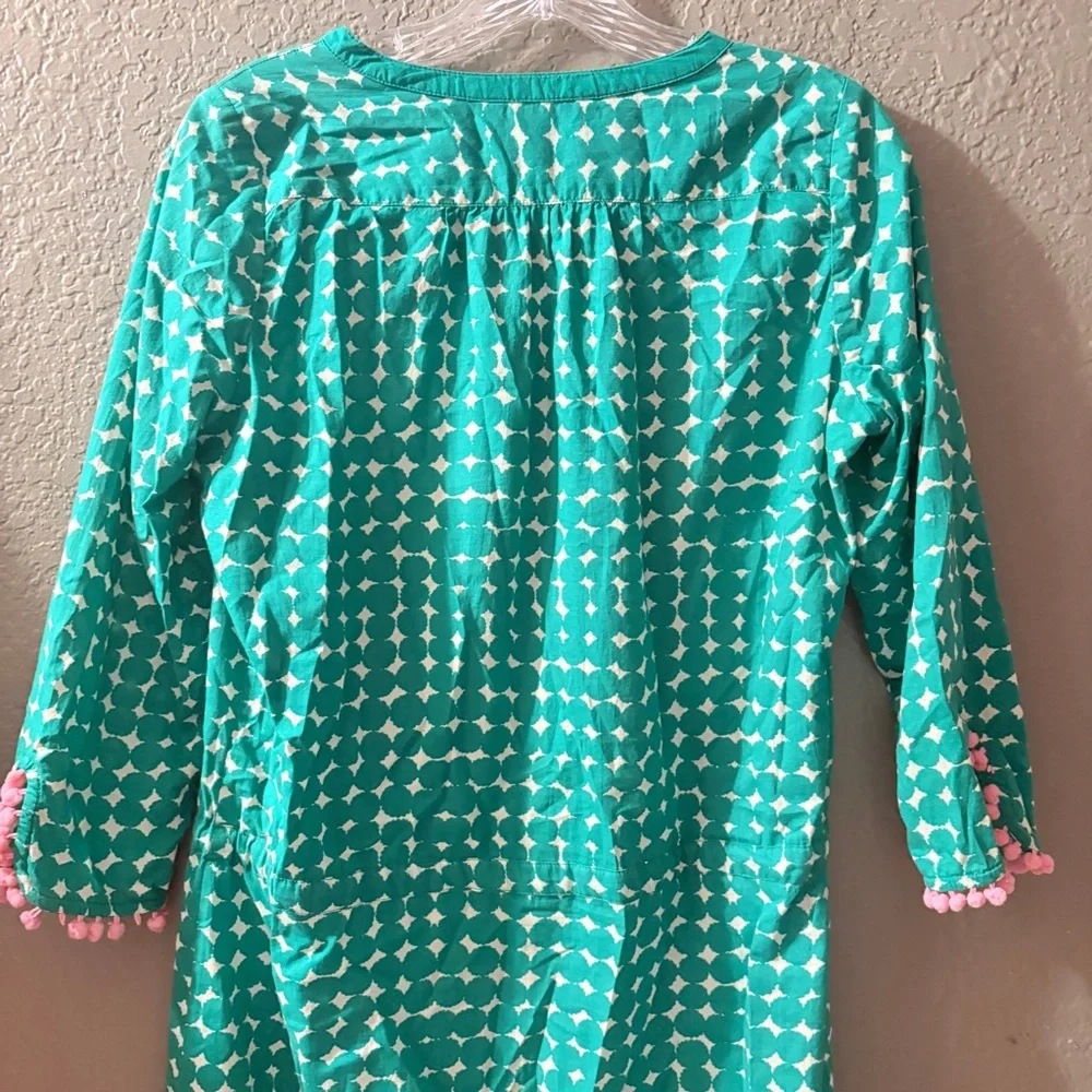 Boden Kelly Green & White Printed Tie-Waist 3/4 Sleeve Dress with Pink Pom Trim - Picture 12 of 13